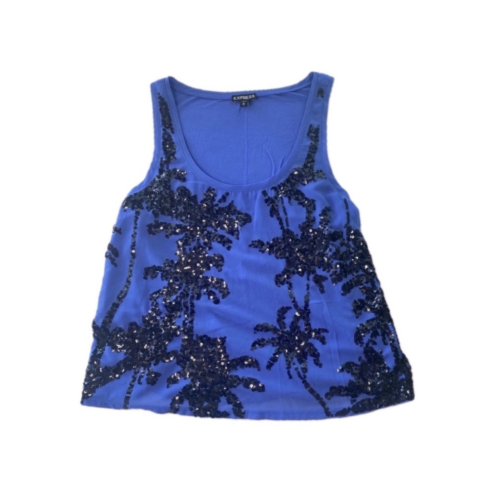 Express | Blue Sequin Palm Tree Tank Top